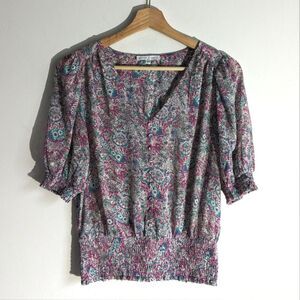 Maison d' Amelie Smocked Paisley Print Chiffon Blouse Top Women's Size Small